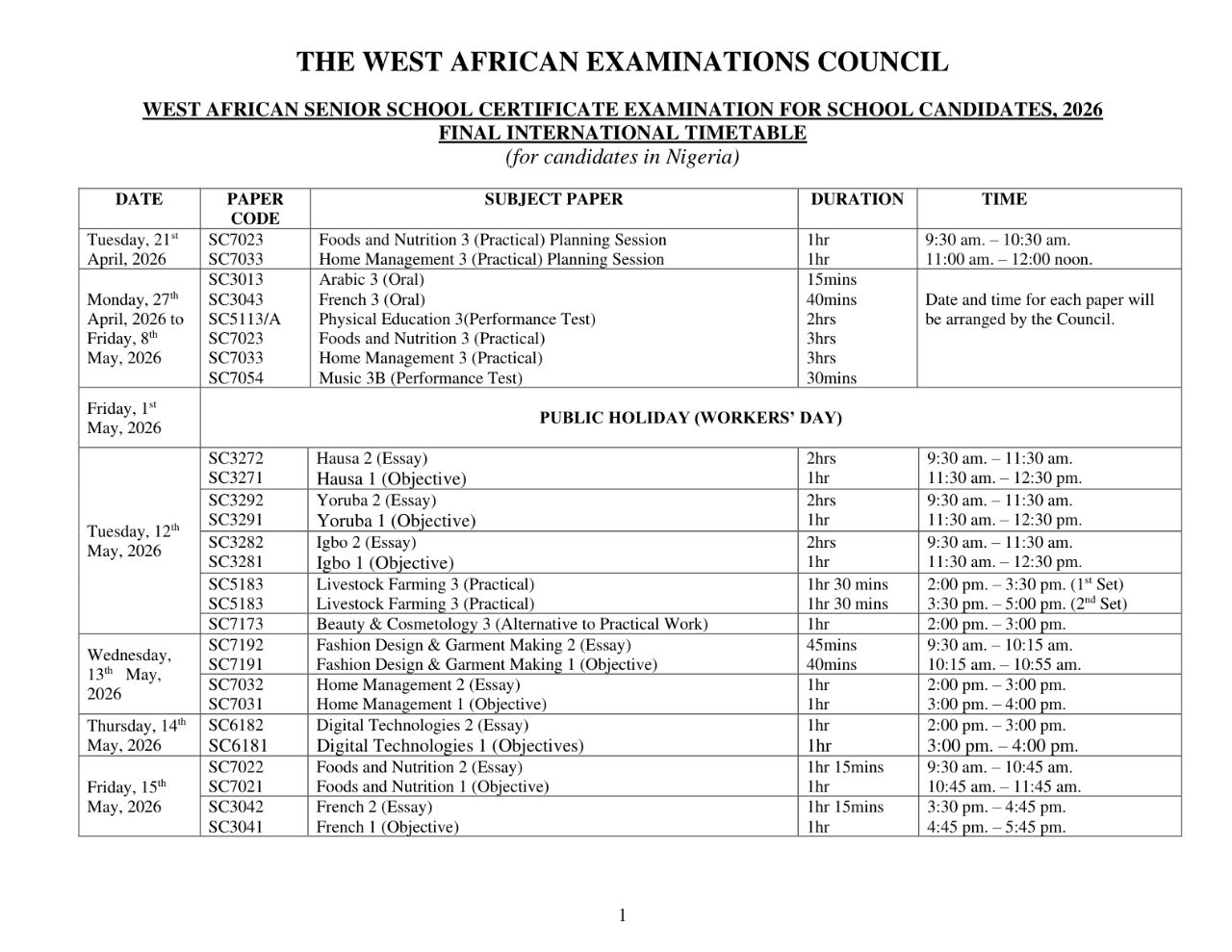WAEC SSCE 2026 Official Timetable - Page 1
