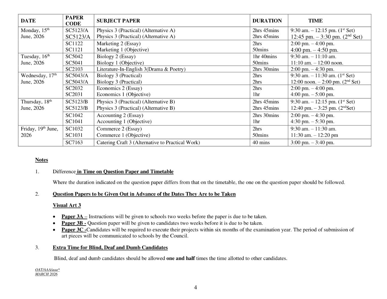 WAEC SSCE 2026 Official Timetable - Page 4