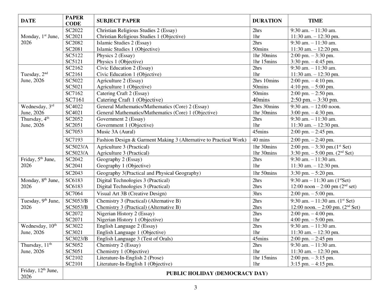 WAEC SSCE 2026 Official Timetable - Page 3