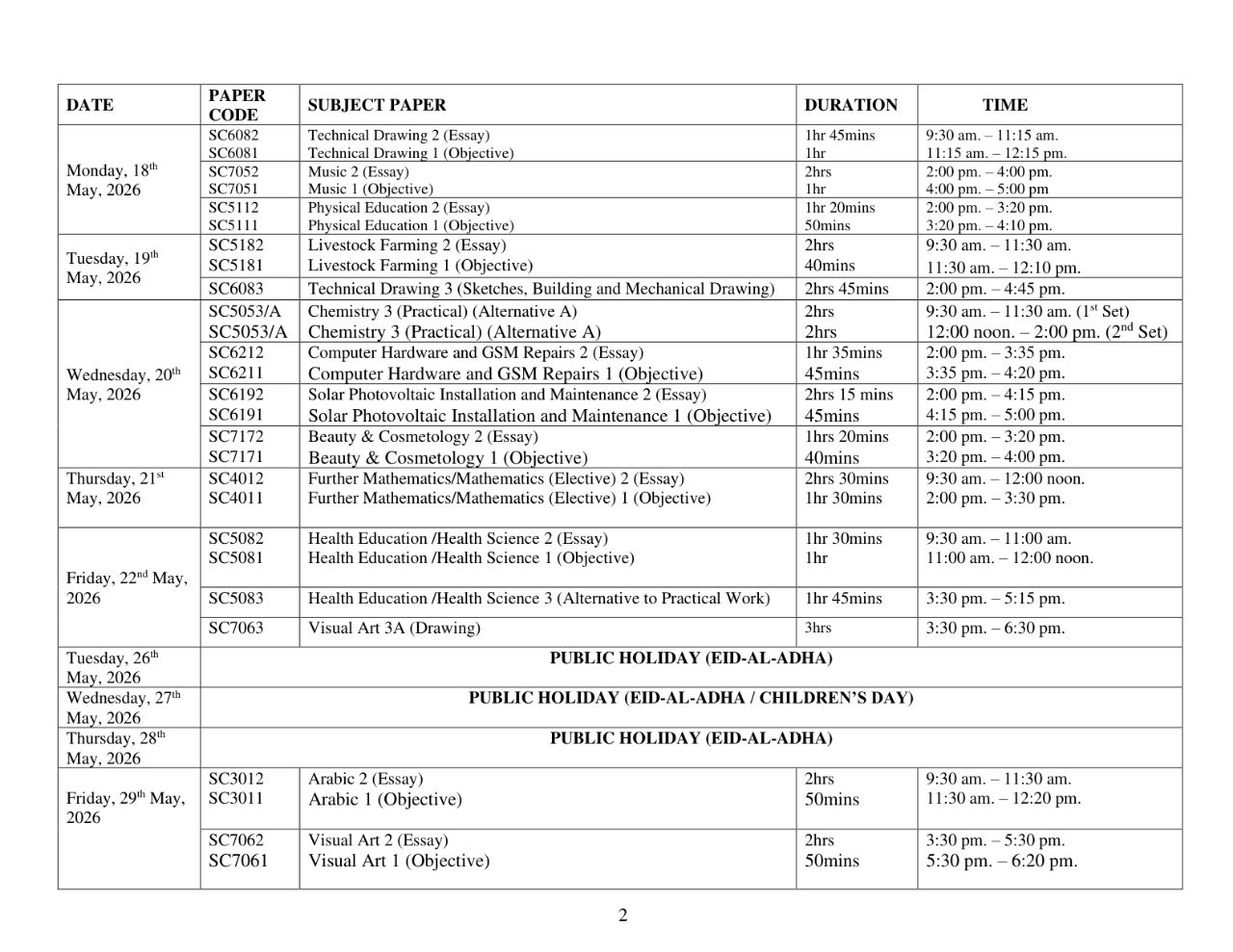 WAEC SSCE 2026 Official Timetable - Page 2