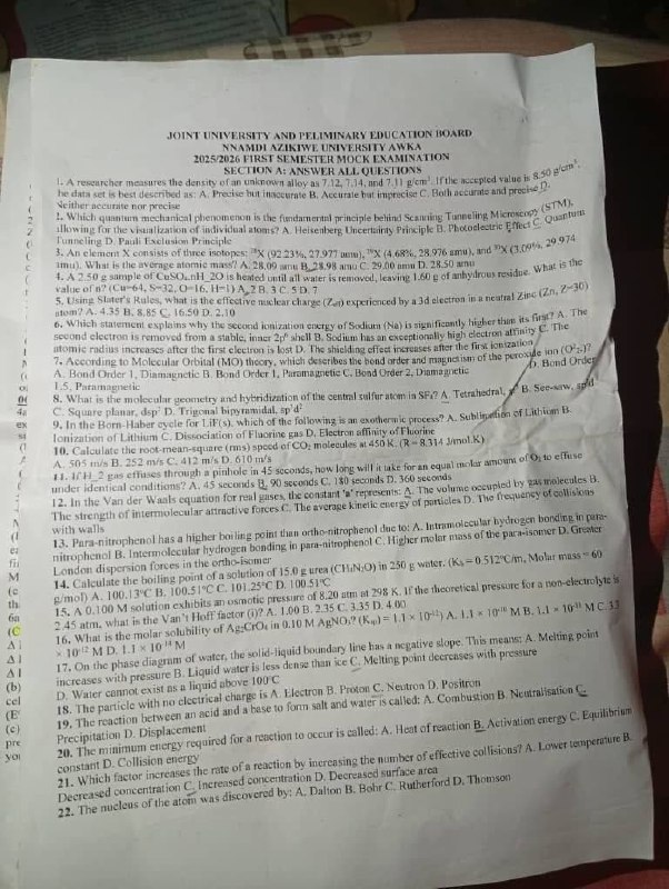 UNIZIK JUPEB Chemistry exam question paper - Page 2