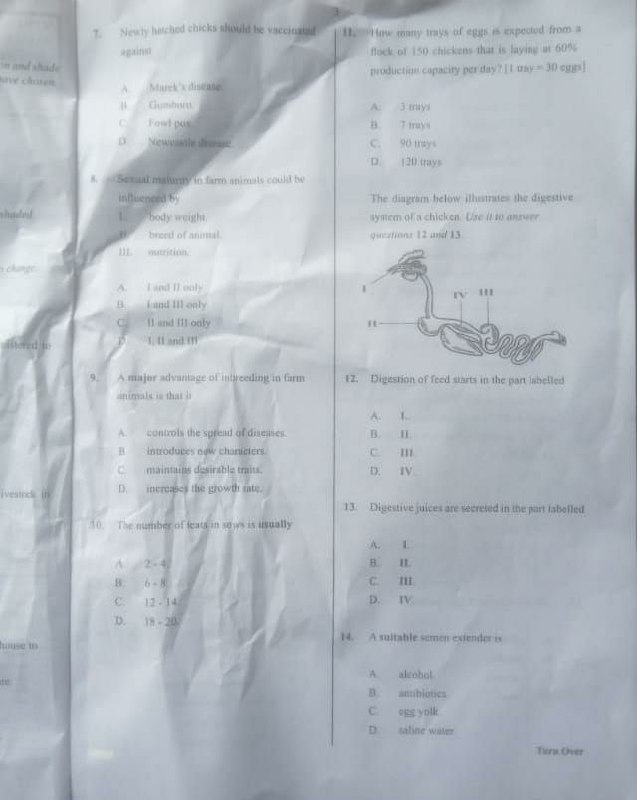 WAEC 2026 Livestock Farming OBJ Questions 7-14