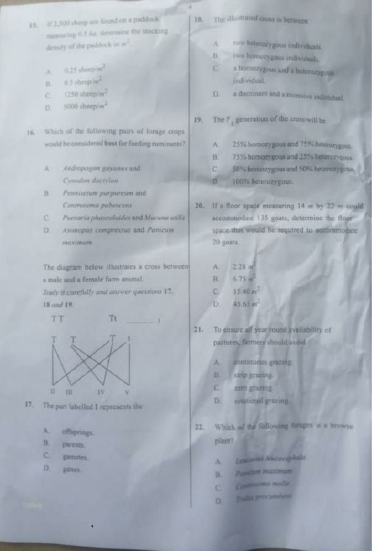 WAEC 2026 Livestock Farming OBJ Questions 15-22