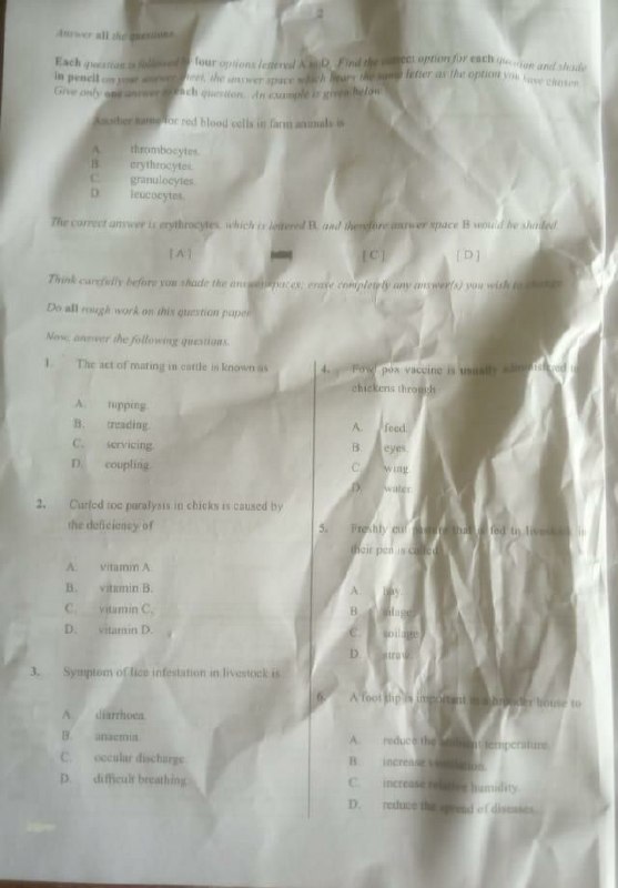 WAEC 2026 Livestock Farming OBJ Questions 1-6