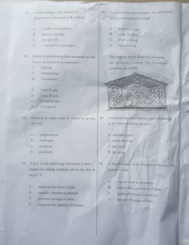 WAEC 2026 Livestock Farming OBJ Questions 29-35