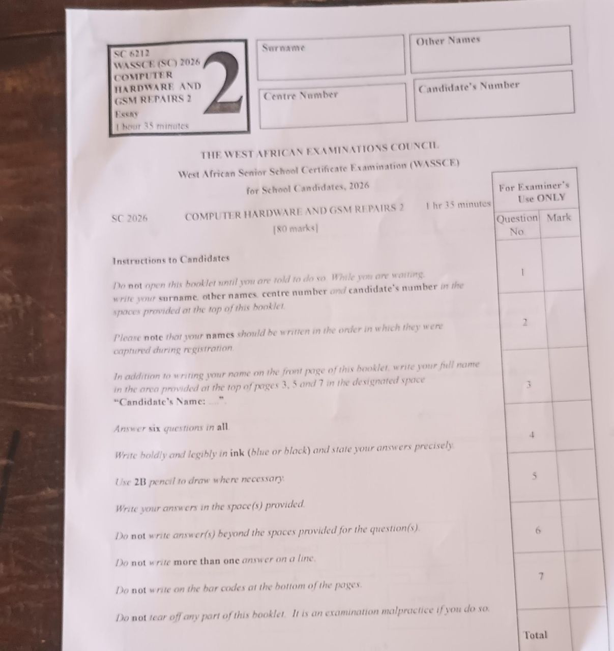 WAEC 2026 Computer Hardware GSM Repairs question paper page 1