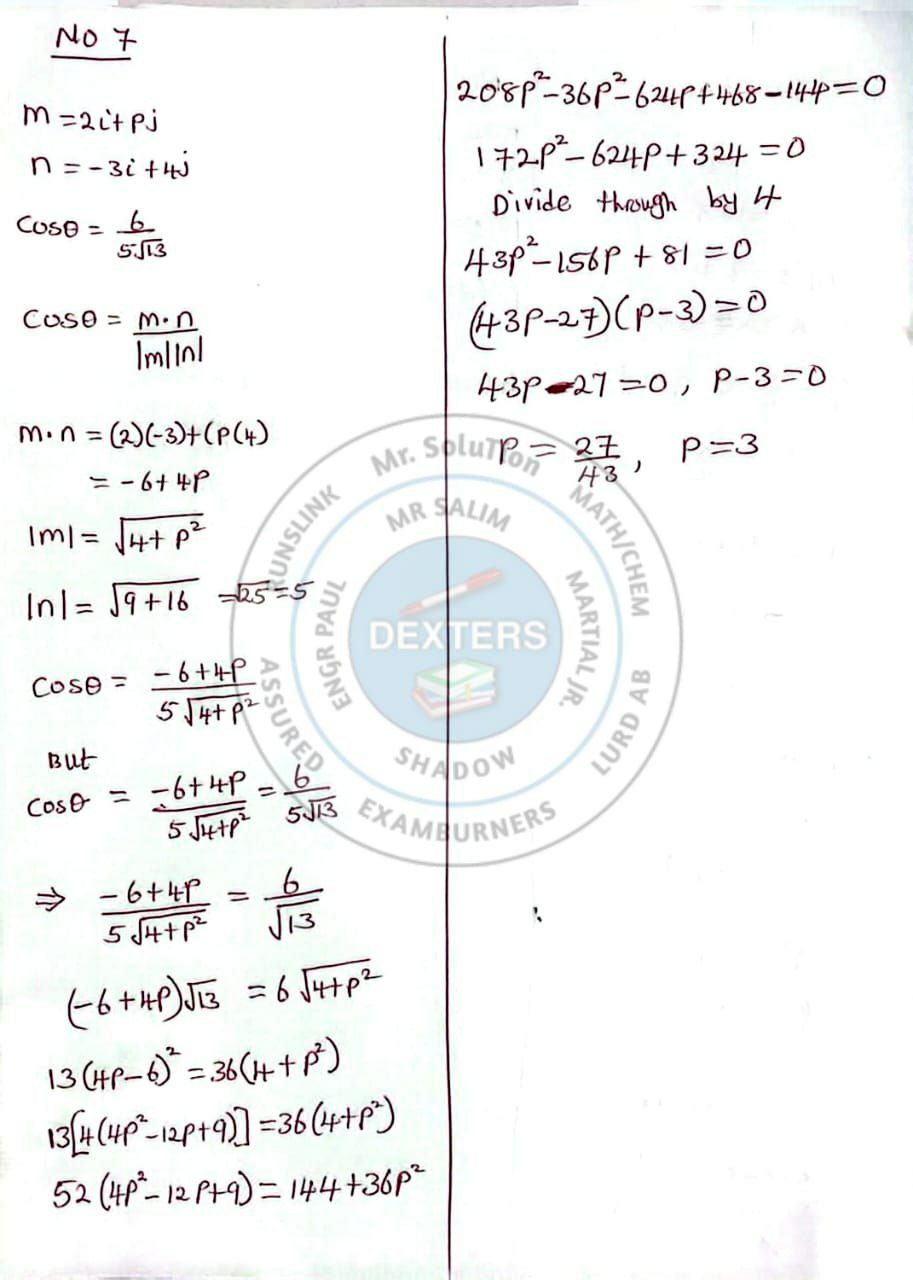 WAEC 2026 Further Mathematics answers - Question 7 (Vectors)