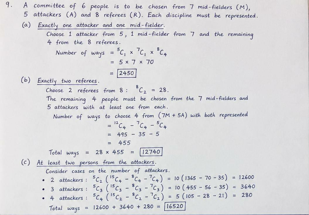 WAEC 2026 Further Mathematics answers - Question 9 (Combinations/Committee)