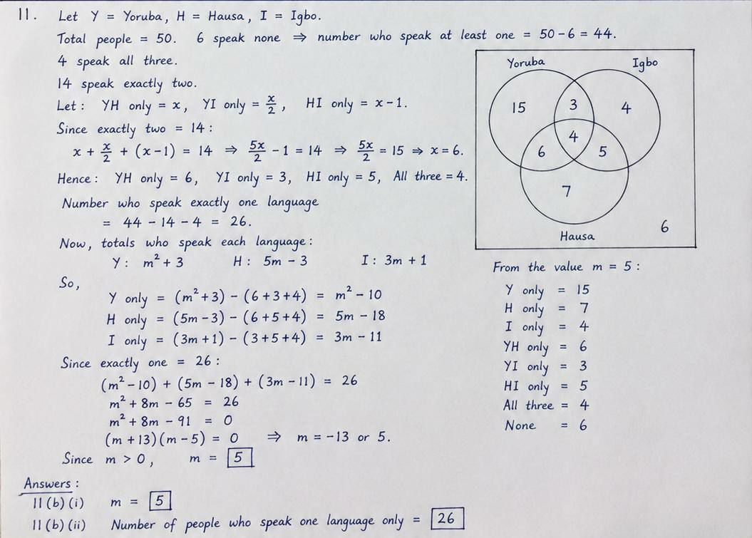 WAEC 2026 Further Mathematics answers - Question 11 (Sets/Venn Diagram)