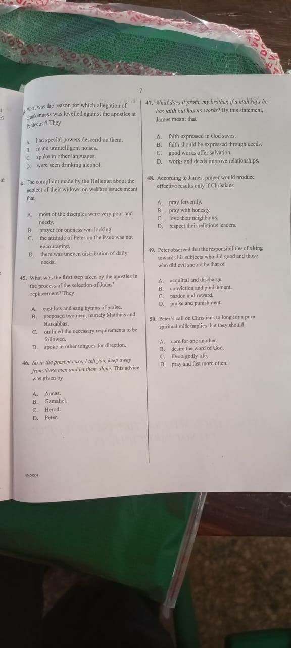 2026 WAEC CRS objective question paper page 6, questions 43 to 50