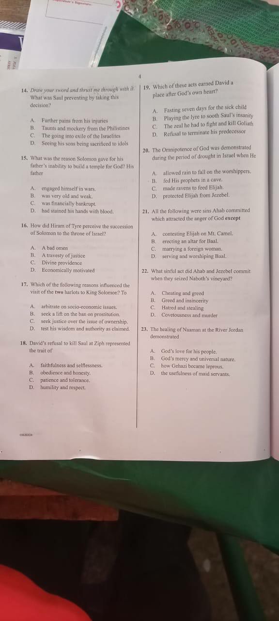2026 WAEC CRS objective question paper page 3, questions 14 to 23