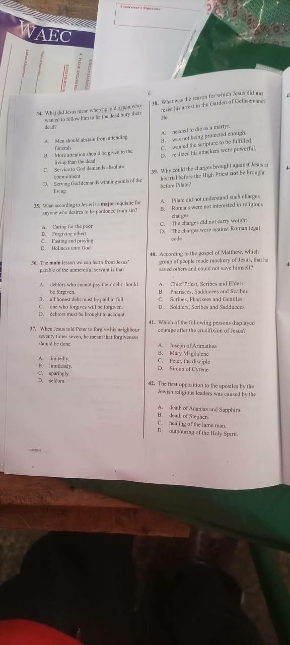 2026 WAEC CRS objective question paper page 5, questions 34 to 42