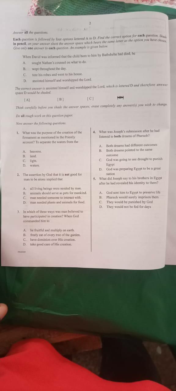2026 WAEC CRS objective question paper page 1, questions 1 to 5