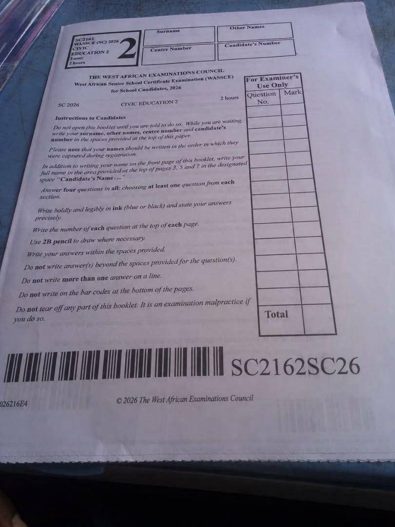 WAEC 2026 Civic Education Question Paper – Page 1