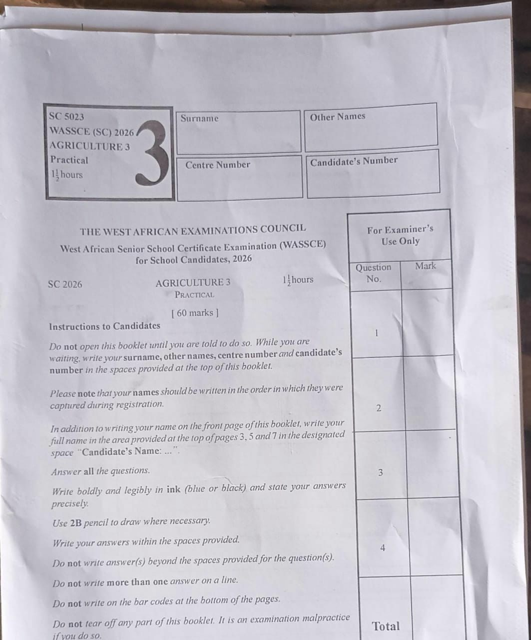 WAEC 2026 Agric Practical question paper page 7