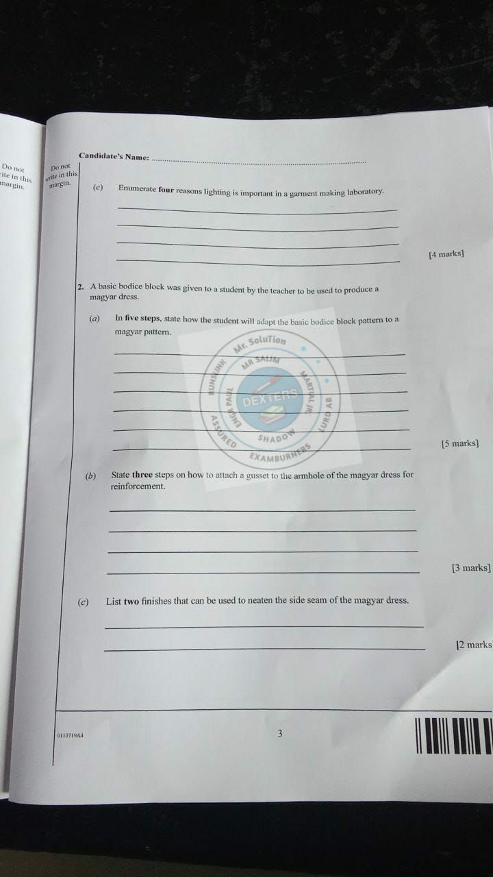 WAEC 2026 Garment Making Practical question paper page 2