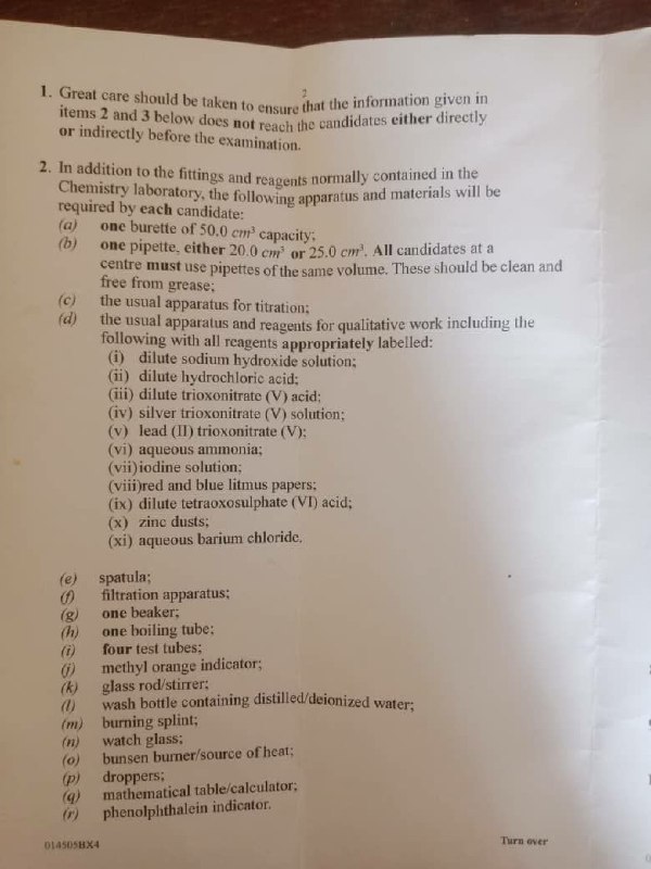 WAEC 2026 Chemistry 3 Practical 2026 apparatus and materials page