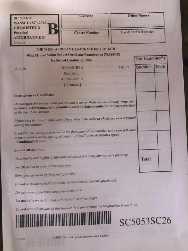 WAEC 2026 Chemistry 3 Practical answer booklet cover