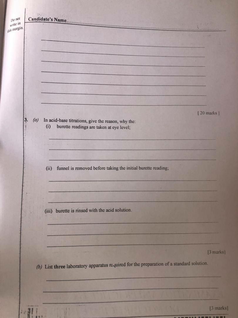 WAEC 2026 Chemistry 3 Practical question 3 acid-base titration and apparatus