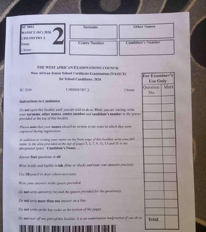 WAEC 2026 Chemistry 2 question paper page 7