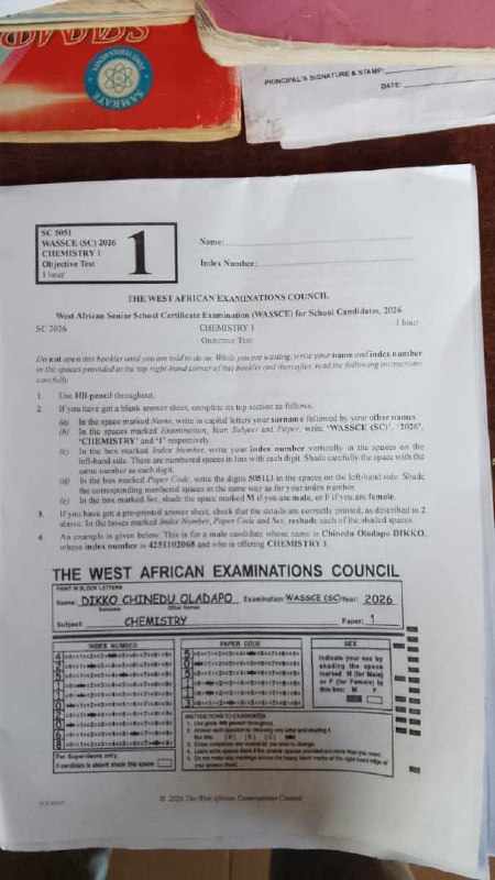 WAEC 2026 Chemistry 1 OBJ question paper page 2
