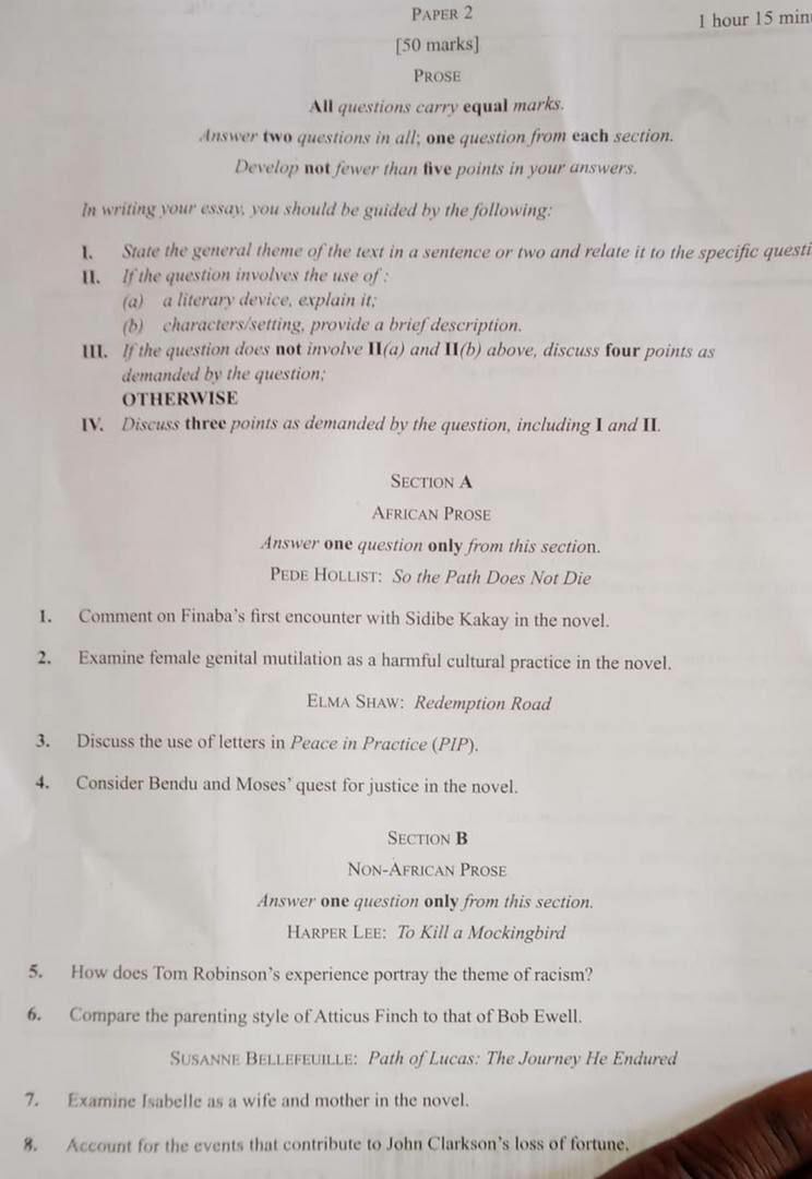 WAEC 2026 Literature in English Paper 2 Prose question paper page 1