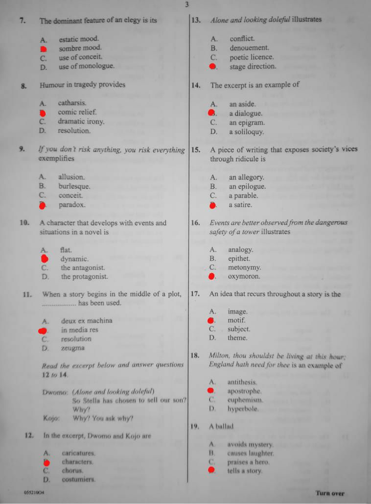 WAEC 2026 Literature in English Paper 1 objective question paper page 1