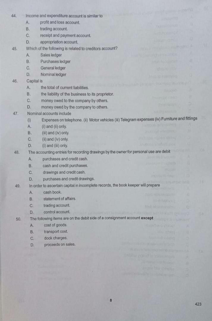 NABTEB 2026 Financial Accounting question paper Section A questions 44 to 50