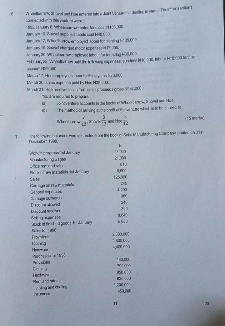 NABTEB 2026 Financial Accounting question paper Section B questions 6 and 7