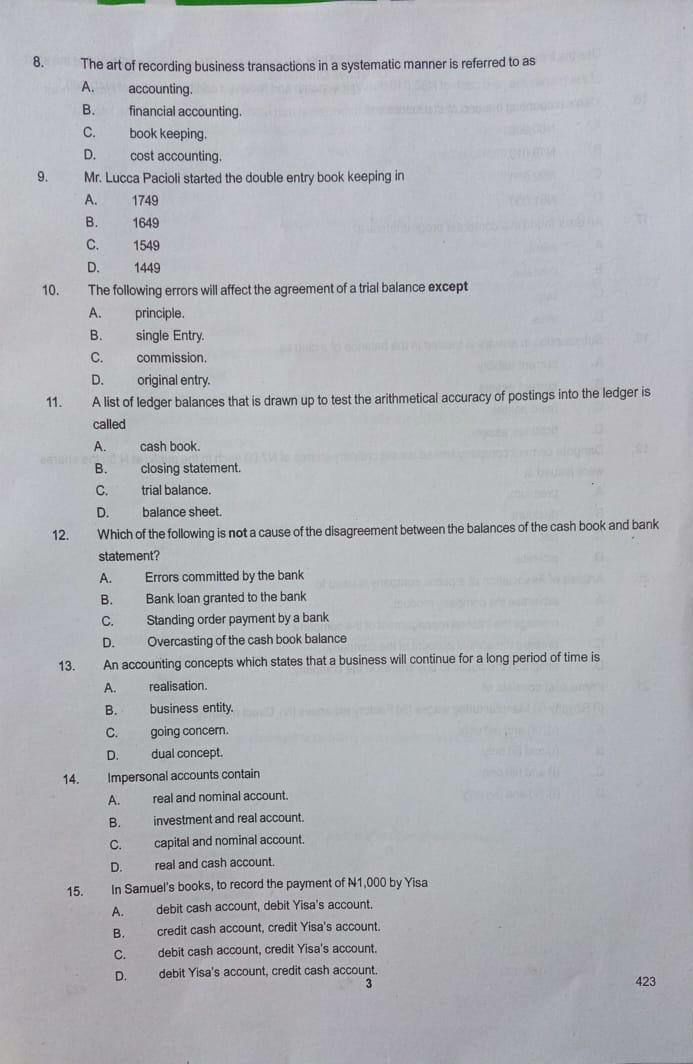 NABTEB 2026 Financial Accounting question paper Section A questions 8 to 15