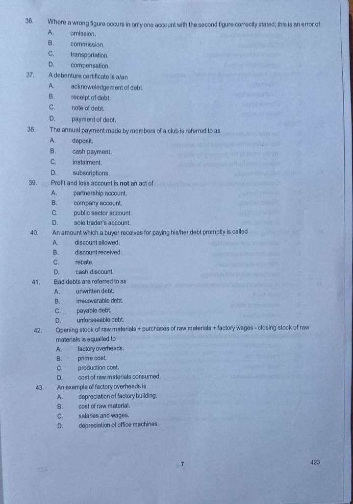 NABTEB 2026 Financial Accounting question paper Section A questions 36 to 43