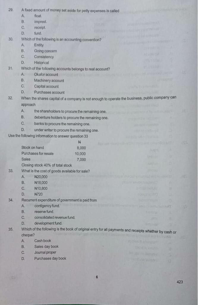 NABTEB 2026 Financial Accounting question paper Section A questions 29 to 35