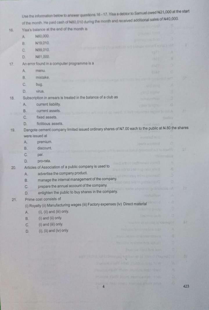 NABTEB 2026 Financial Accounting question paper Section A questions 16 to 21
