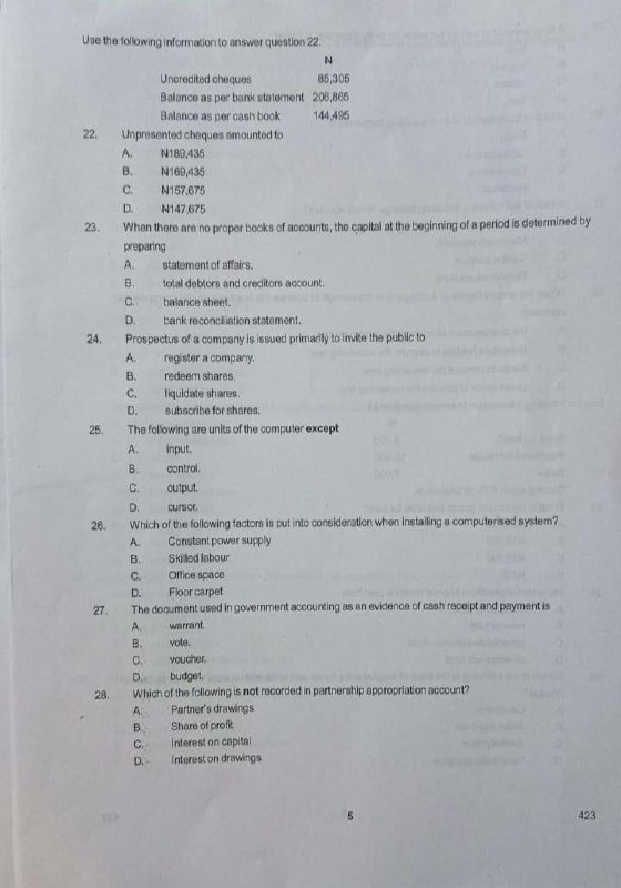 NABTEB 2026 Financial Accounting question paper Section A questions 22 to 28