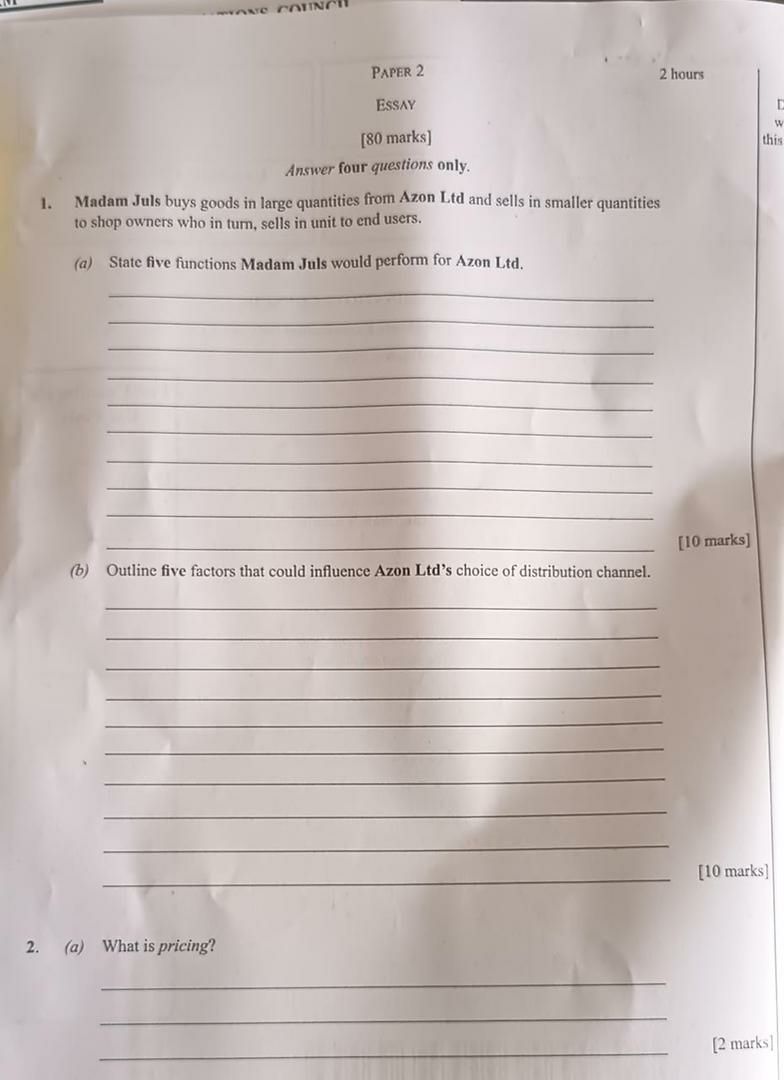 WAEC 2026 Marketing question paper page 2