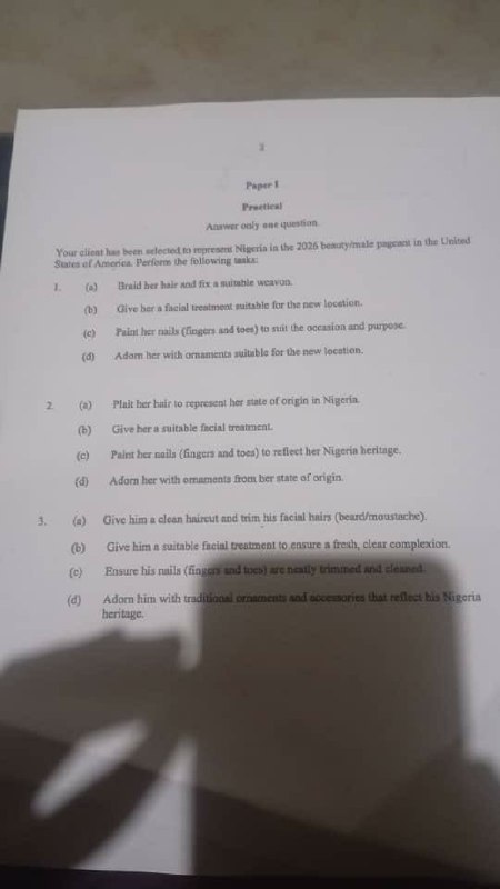 NECO 2026 Beauty and Cosmetology Practical Question Paper