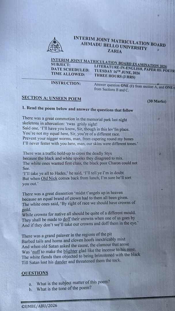 IJMB 2026 Literature-in-English Paper III Question Paper