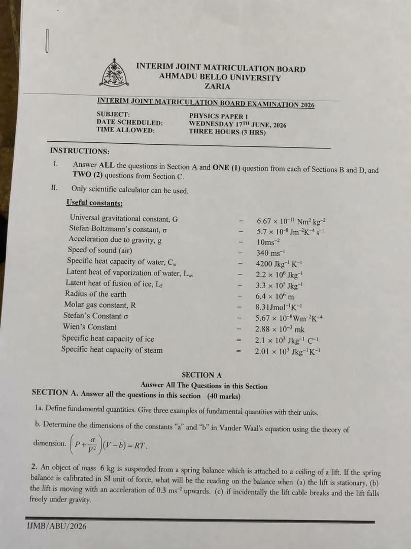 IJMB 2026 Physics Paper 1 question paper page 1