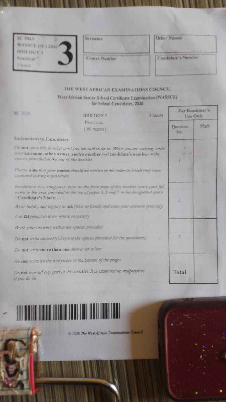 WAEC 2026 Biology 3 Practical question paper cover page