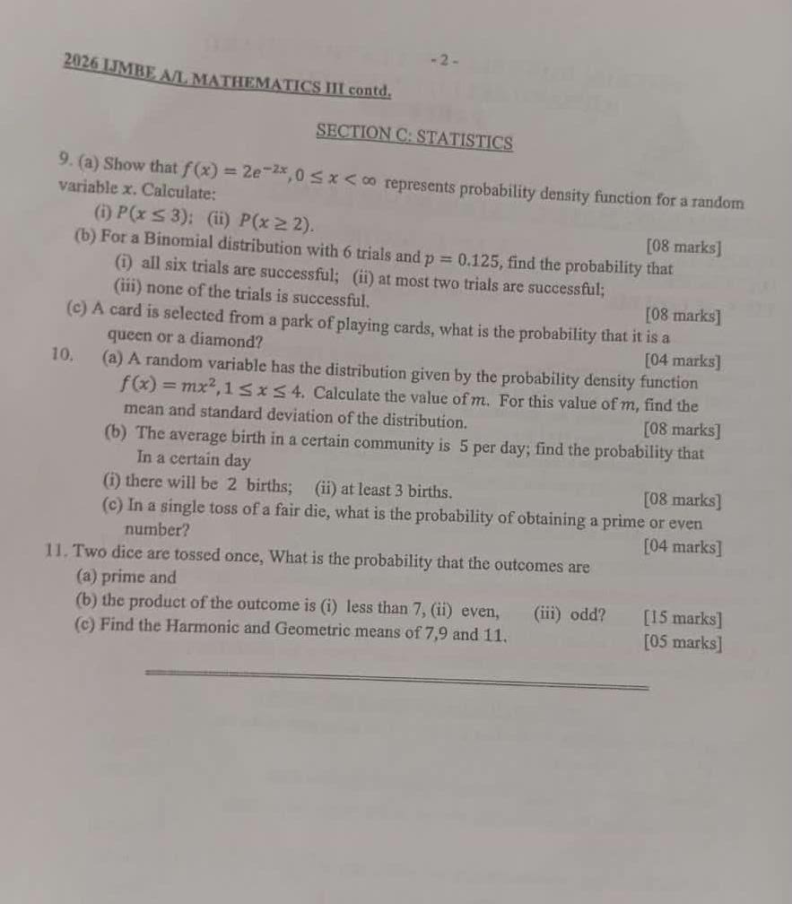 IJMB A'Level Mathematics Question Paper