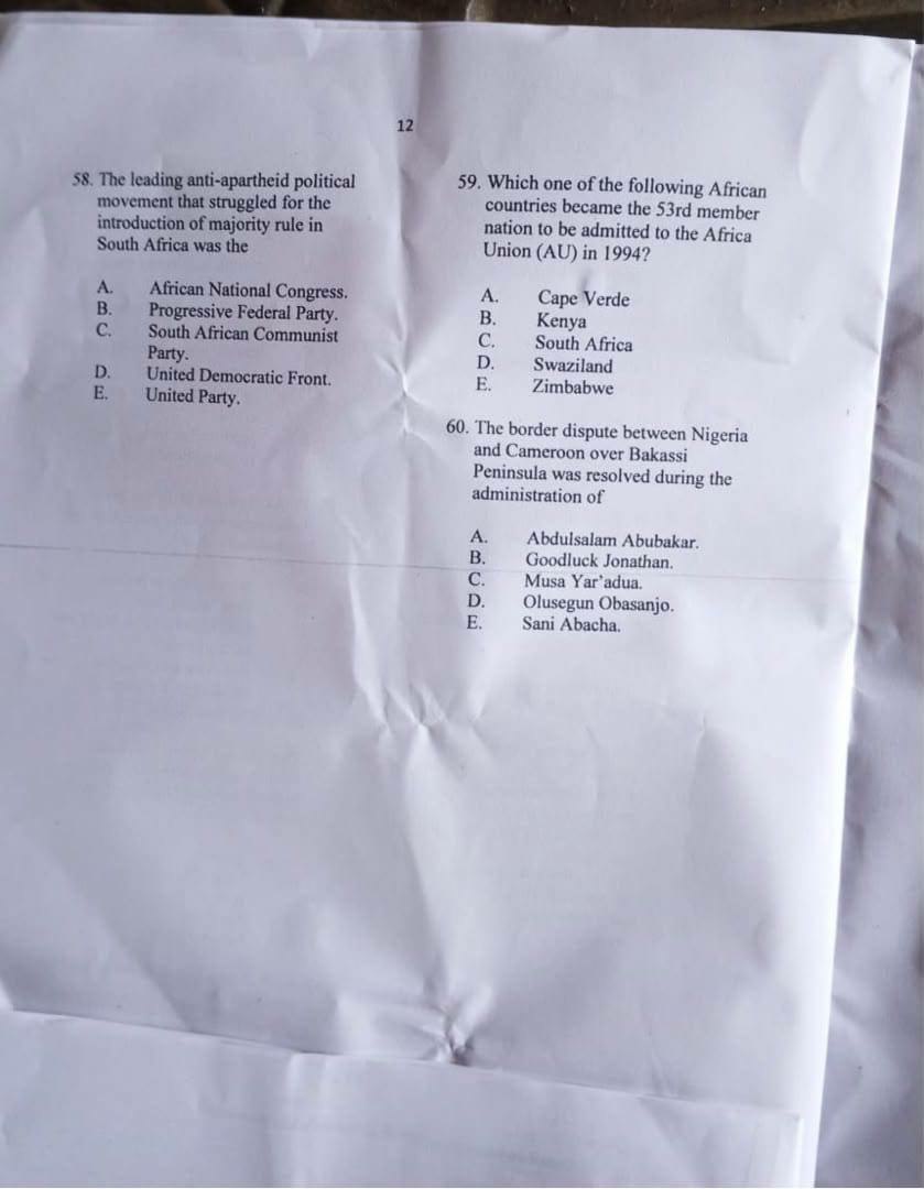 NECO 2026 History Question Paper