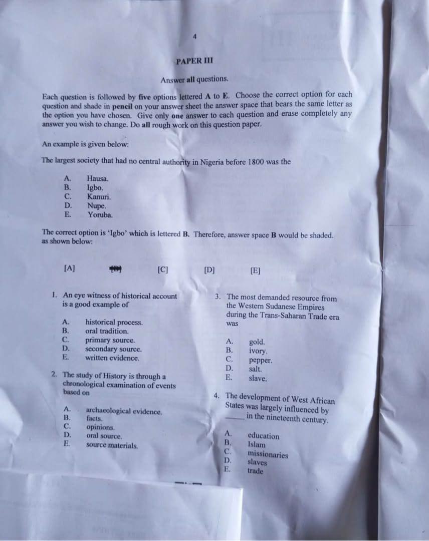NECO 2026 History Question Paper