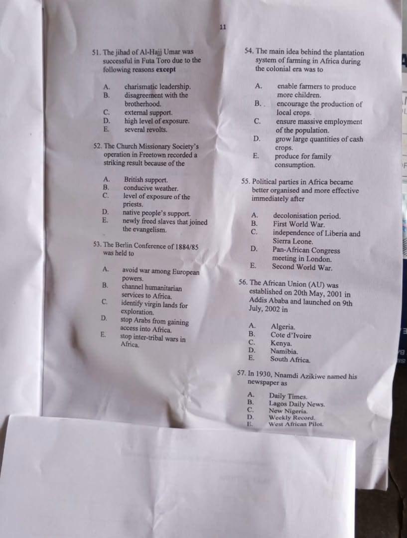 NECO 2026 History Question Paper