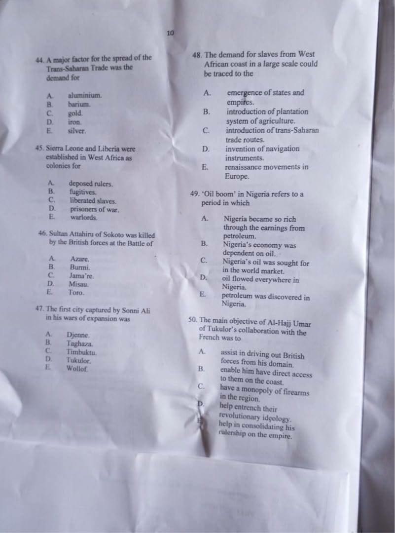 NECO 2026 History Question Paper