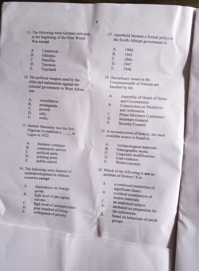 NECO 2026 History Question Paper
