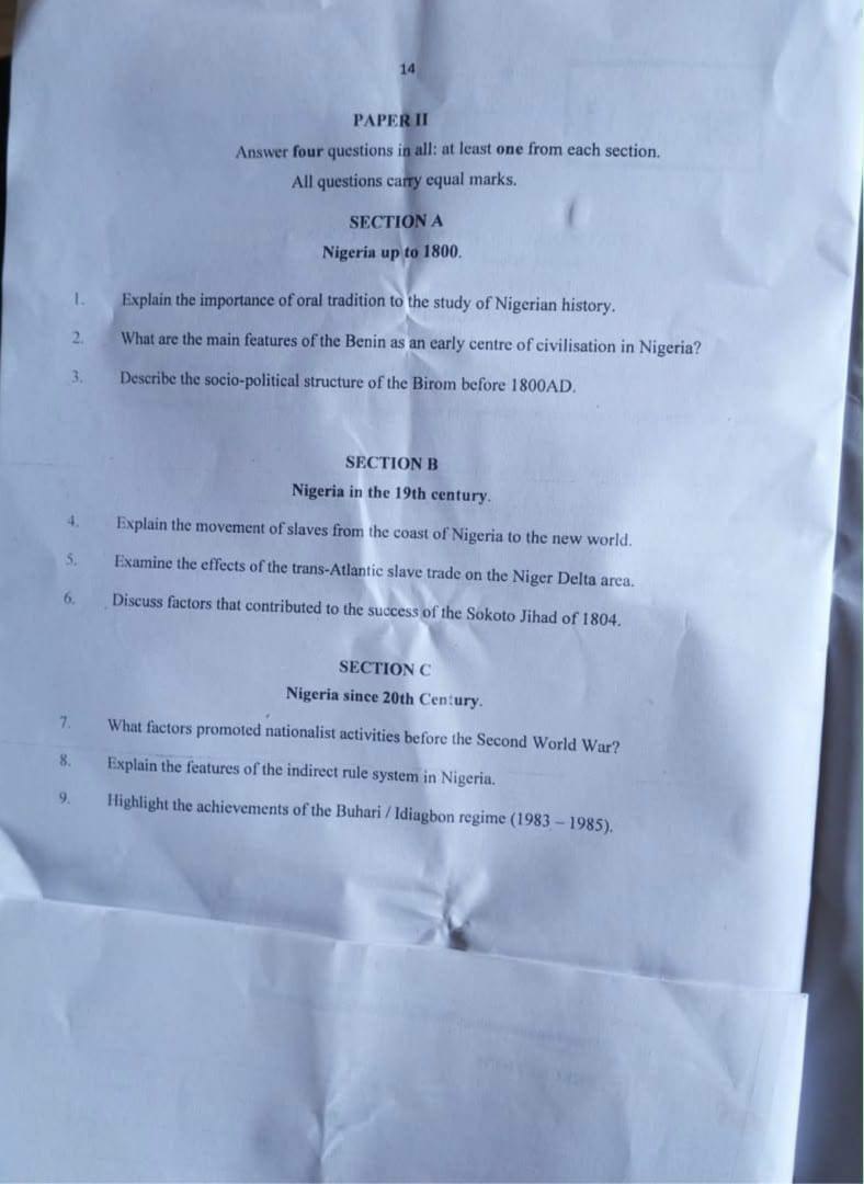 NECO 2026 History Question Paper