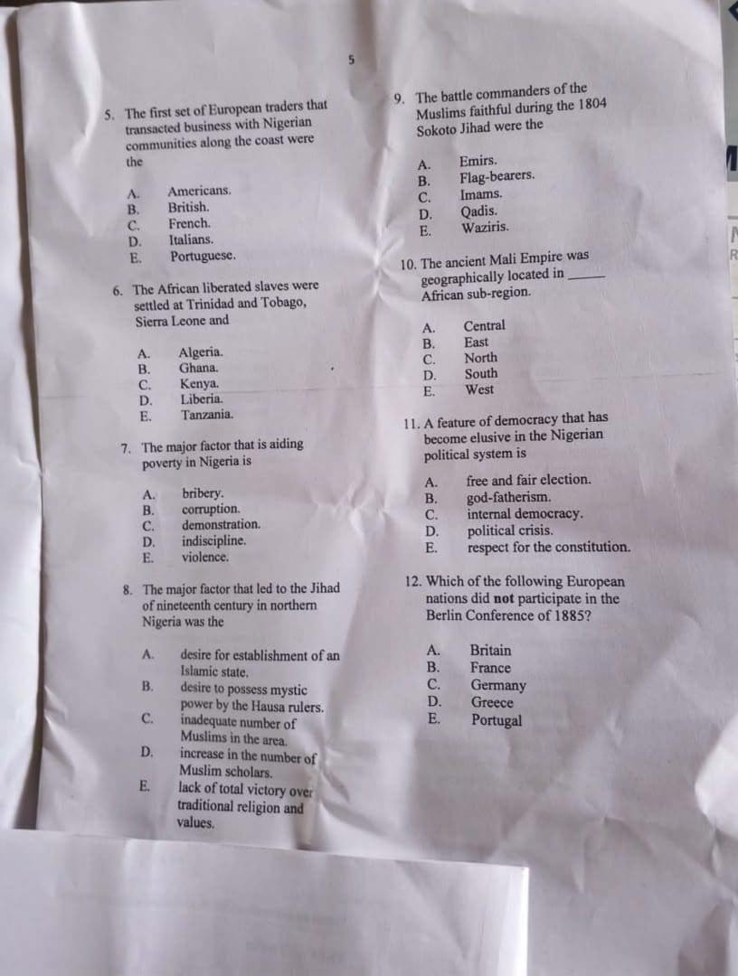 NECO 2026 History Question Paper