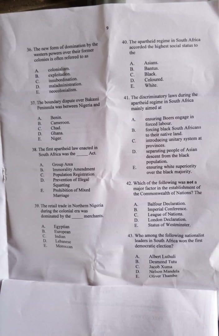 NECO 2026 History Question Paper