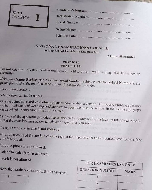 NECO 2026 Physics Practical Question Paper